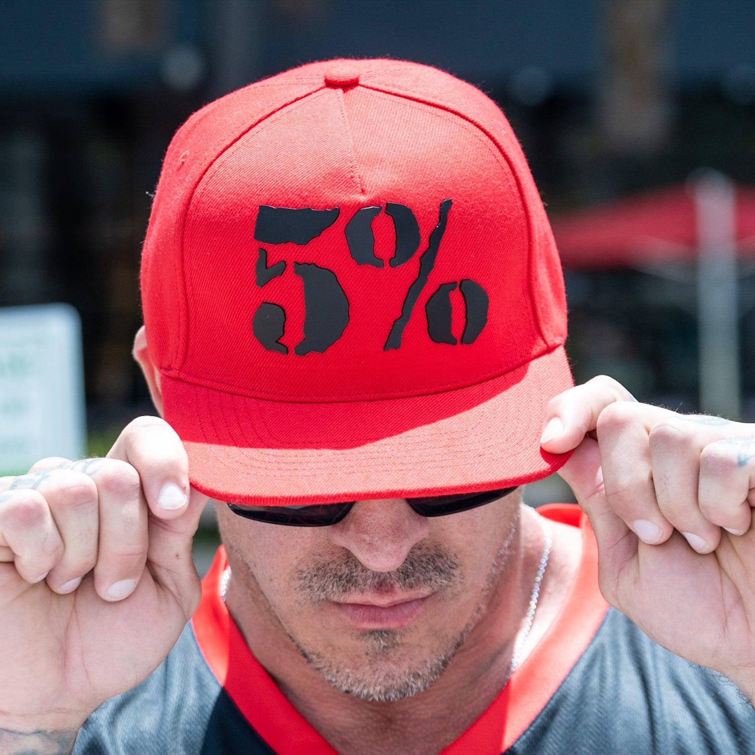 5% Rubber Logo, Red Hat with Black Lettering