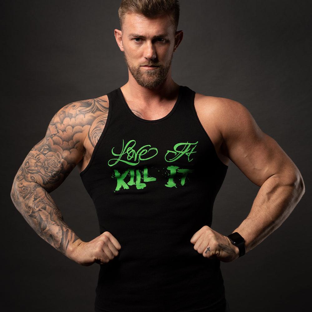 5% Love It Kill It, Black Ribbed Tank Top with Green Lettering