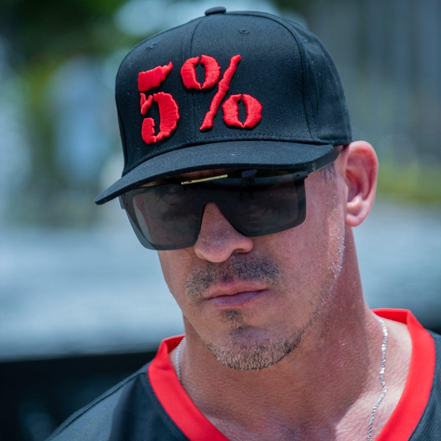 5% Flat Bill Hat, Black Hat with Red Lettering - 5% Nutrition